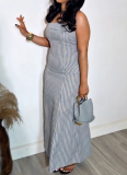 Stylish Strapless Sleeveless Striped Waist-Cinching Slim-Fit Dress