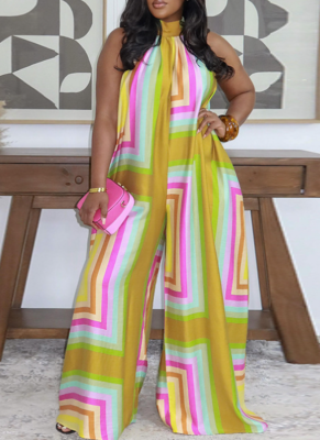 Casual Strappy Sleeveless Loose-Fit Printed Wide-Leg Jumpsuit
