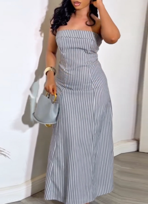 Stylish Strapless Sleeveless Striped Waist-Cinching Slim-Fit Dress