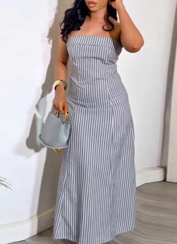 Stylish Strapless Sleeveless Striped Waist-Cinching Slim-Fit Dress
