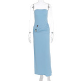 Solid-Color High-Stretch Strapless Bodycon Dress With Metal Twist Detail and Ruching