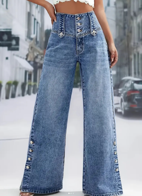 Stylish High-Waisted Wide-Leg Jeans With Split Hems and Vintage-Style Buttons