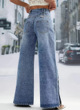 Stylish High-Waisted Wide-Leg Jeans With Split Hems and Vintage-Style Buttons