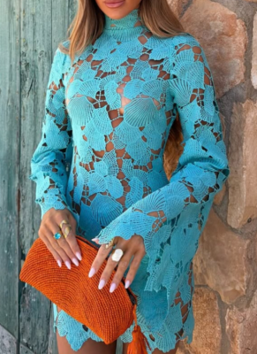 New Women's Long-Sleeve High-Neck Dress With Openwork Lace OYG562