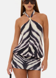 New Zebra-Print Halter Mini Dress With Gold Ring Detail and Open Back