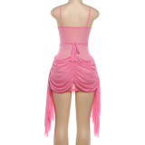 Sexy Solid-Color Ruched Sheer Crop-Top Bodycon Slip Dress
