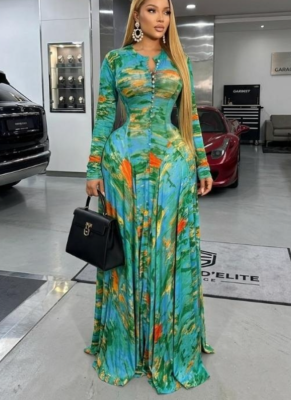 New Arrival Round-Neck Printed Single-Breasted Long-Sleeve Formal Dress