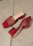 New Square-Toe Chunky-Heel Open-Toe Mesh Slide Sandals