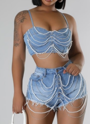Pearl & Rhinestone Chain Denim Suspender Top and Shorts Set — Sexy  Hot Girl  Two-Piece Outfit