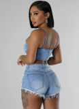 Pearl & Rhinestone Chain Denim Suspender Top and Shorts Set — Sexy  Hot Girl  Two-Piece Outfit