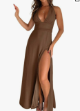 Solid-color maxi dress with a halter V-neck and side slit.