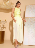 Sexy Sleeveless Mesh Dress with Yellow Color-Blocking and 3D Floral Appliqués