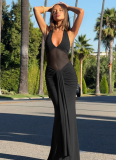 New Summer Sexy Halter-Neck Gown with Lace-Up Detail, Flowing Ribbons, and Mesh Paneling