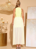 Sexy Sleeveless Mesh Dress with Yellow Color-Blocking and 3D Floral Appliqués