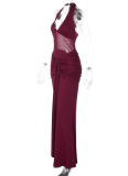 New Summer Sexy Halter-Neck Gown with Lace-Up Detail, Flowing Ribbons, and Mesh Paneling