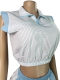 2026 Stylish Striped Half-Zip Sleeveless Top and Shorts Two-Piece Set With Panel Detailing