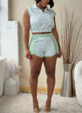 2026 Stylish Striped Half-Zip Sleeveless Top and Shorts Two-Piece Set With Panel Detailing