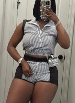 2026 Stylish Striped Half-Zip Sleeveless Top and Shorts Two-Piece Set With Panel Detailing