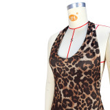 Sexy Lace-Up Backless Ruched Slim-Fit Leopard Print Jumpsuit