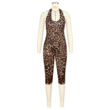 Sexy Lace-Up Backless Ruched Slim-Fit Leopard Print Jumpsuit