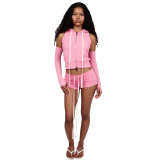 Sexy Solid-Color Casual Two-Piece Set Zippered Long-Sleeve Top and Athletic Shorts
