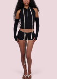 Sexy Solid-Color Casual Two-Piece Set Zippered Long-Sleeve Top and Athletic Shorts
