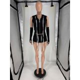 Sexy Solid-Color Casual Two-Piece Set Zippered Long-Sleeve Top and Athletic Shorts