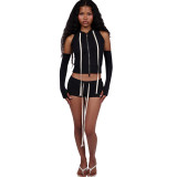 Sexy Solid-Color Casual Two-Piece Set Zippered Long-Sleeve Top and Athletic Shorts