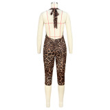 Sexy Lace-Up Backless Ruched Slim-Fit Leopard Print Jumpsuit