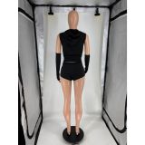 Sexy Solid-Color Casual Two-Piece Set Zippered Long-Sleeve Top and Athletic Shorts