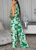 Fashionable Printed Halter-Neck Sleeveless Belted Jumpsuit