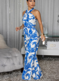 Fashionable Printed Halter-Neck Sleeveless Belted Jumpsuit