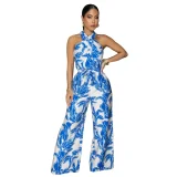 Fashionable Printed Halter-Neck Sleeveless Belted Jumpsuit