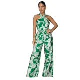 Fashionable Printed Halter-Neck Sleeveless Belted Jumpsuit
