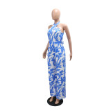 Fashionable Printed Halter-Neck Sleeveless Belted Jumpsuit