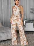 Fashionable Printed Halter-Neck Sleeveless Belted Jumpsuit