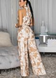 Fashionable Printed Halter-Neck Sleeveless Belted Jumpsuit
