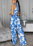 Fashionable Printed Halter-Neck Sleeveless Belted Jumpsuit