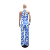 Fashionable Printed Halter-Neck Sleeveless Belted Jumpsuit