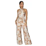 Fashionable Printed Halter-Neck Sleeveless Belted Jumpsuit