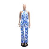 Fashionable Printed Halter-Neck Sleeveless Belted Jumpsuit