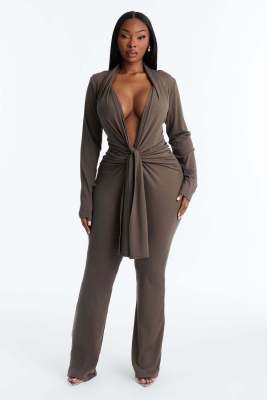 Sexy Deep-V Long Sleeves Pleated Tight Length Jumpsuit RS-3117