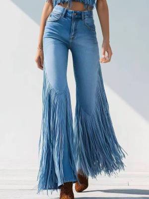 Fashionable Long-Tassel Hem Irregular Denim Trousers RS-D018