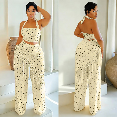 Casual Loose Slim Fringed Polka Dot Wide Leg Pants Set BY-7695