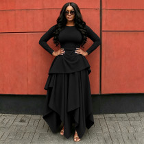 Solid Color Round Collar Long Sleeves Irregular Flounced Hem Maxi Dress YF-11117