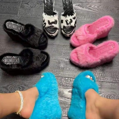 Soft Fur Wedge Heels‌ Women Outdoor Slippers RS-031454