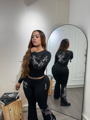 Black Casual Printed Women Long Sleeve Tops With High-waist Flared Pants Two Pieces Suits FC-1564