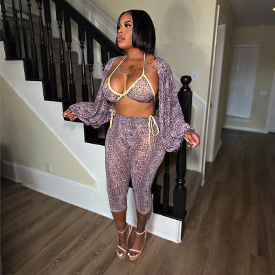 Women's Halter-neck Bikini Tank Top With Flared Sleeves And Snake Print High-waisted Pants Three-piece Set MXXB-J26ST415