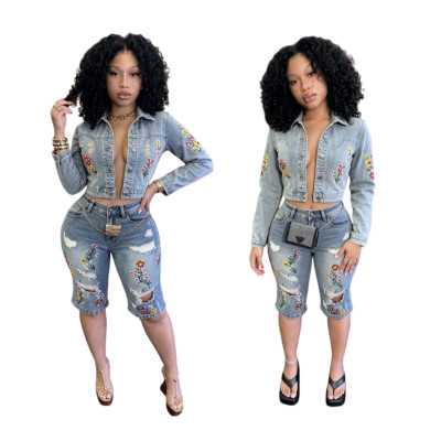 Women Embroidery Long Sleeves Jackets And Broken-holes Fifth Pants Casual Denim Sets MEM-88720