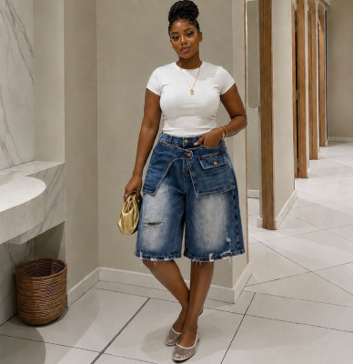 Fashionable Distressed High-Waisted Denim Bermuda Shorts RS-60706